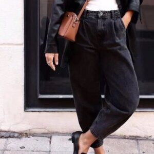 ZARA Size 0 Womens Paperbag Balloon Leg Pleated High Rise Jeans in Black Gray